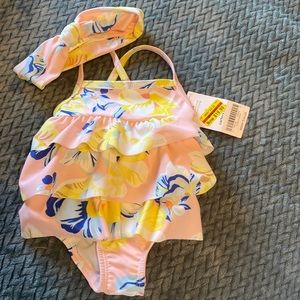 Carters swim floral print one piece and matching headband BNWT